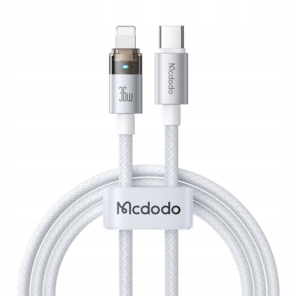 Na obrazie widoczny jest biały kabel USB-C z końcówką Lightning, oznaczony jako 36W, z logo Mcdodo na złączu i opasce spinającej kabel.