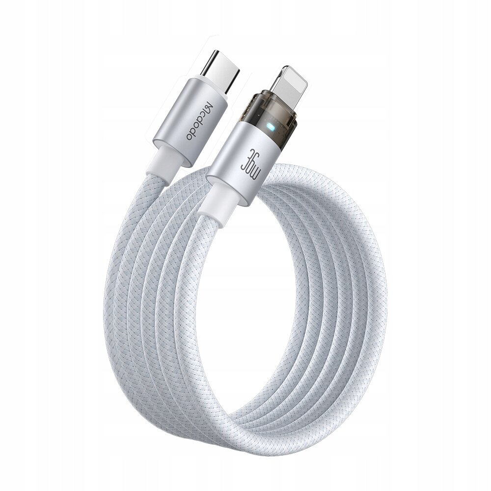 Biały kabel USB-C do Lightning z plecionym oplotem, posiadający oznaczenia \'Mcdodo\' i \'36W\'.