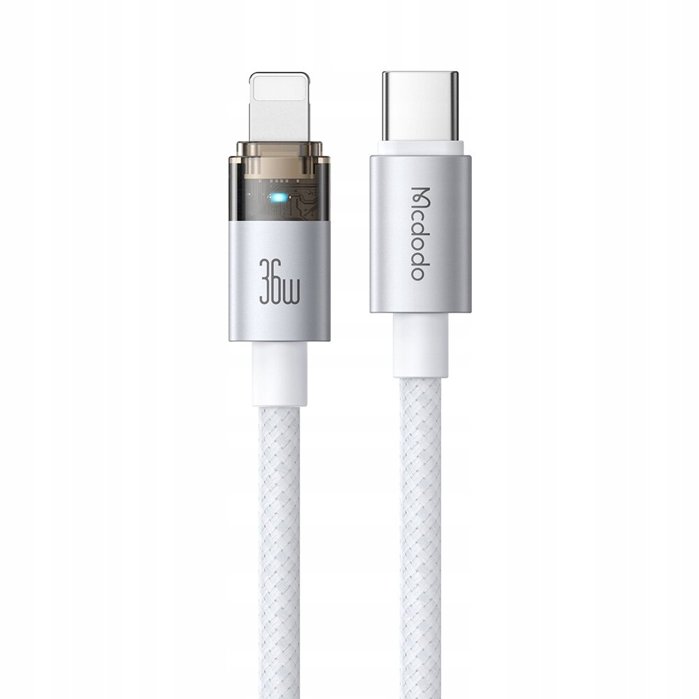 Na obrazie widoczne są dwa końce kabla: jeden z wtykiem Lightning z oznaczeniem \'36W\' i podświetleniem LED, drugi z wtykiem USB-C z napisem \'Mcdodo\'. Kabel ma biały, pleciony oplot.