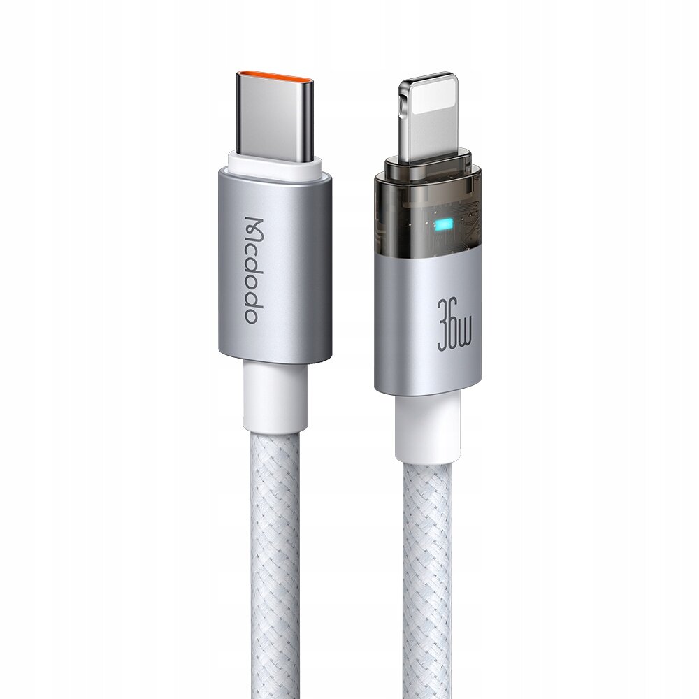 Na obrazie widoczne są dwa złącza kabla USB-C i Lightning, z metalicznymi końcówkami i białym oplotem. Na jednym złączu widnieje napis \'Mcdodo\', a na drugim \'36W\'.