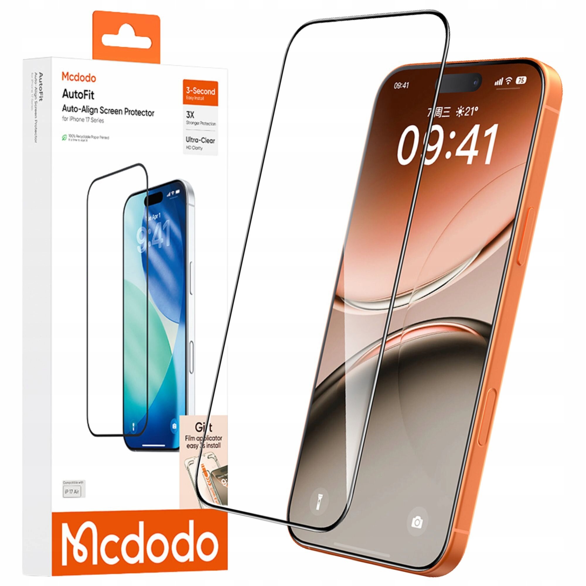 Zdjęcie przedstawia szkło hartowane Mcdodo Autofit nałożone na telefon oraz opakowanie produktu z widocznym napisem \'Mcdodo AutoFit Auto-Align Screen Protector for iPhone 17 Series\'.