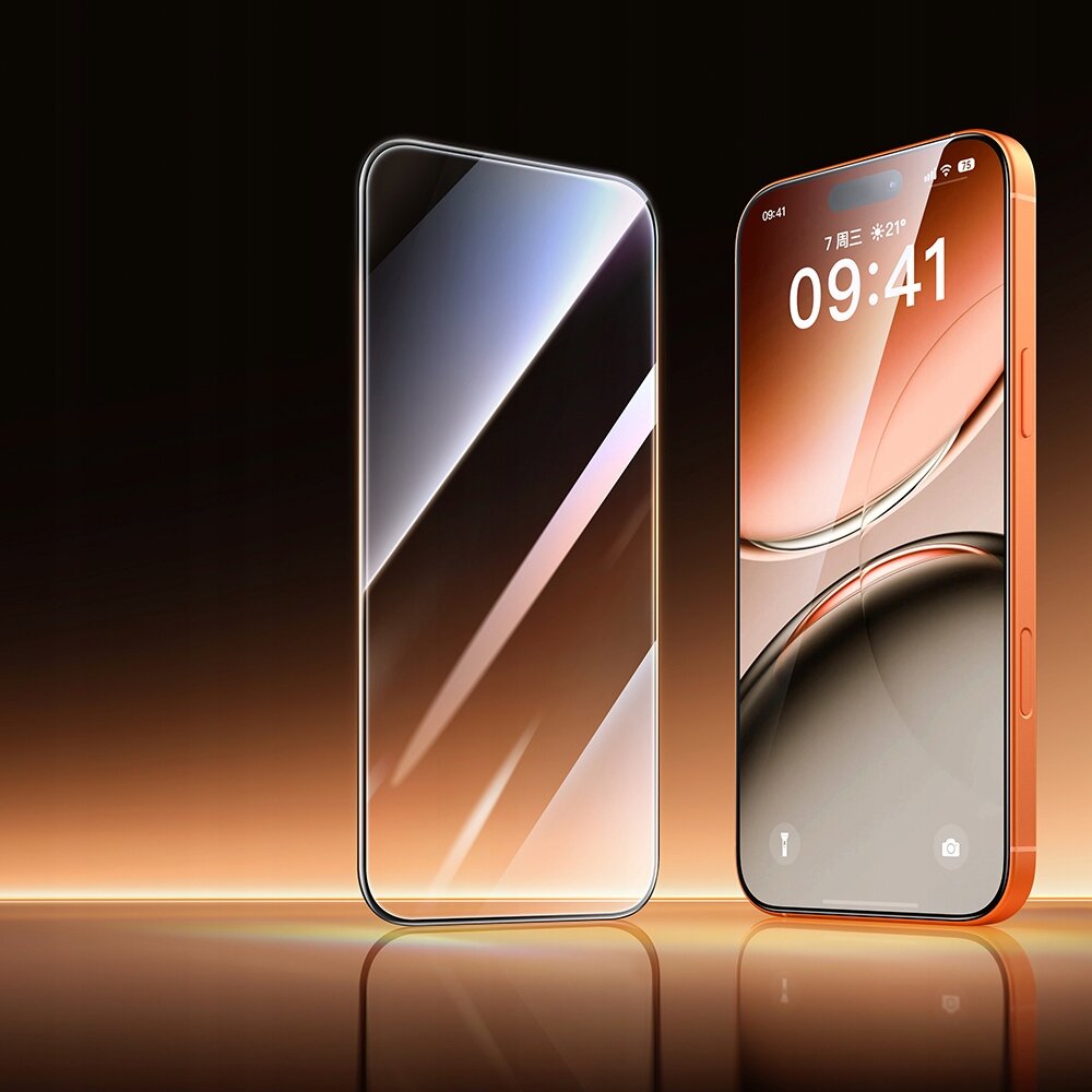 Na zdjęciu widoczne jest szkło hartowane oraz smartfon z wyświetlaczem pokazującym godzinę 09:41 i datę w języku chińskim. Tło jest gradientowe, przechodzące od ciemnego do jasnego brązu.