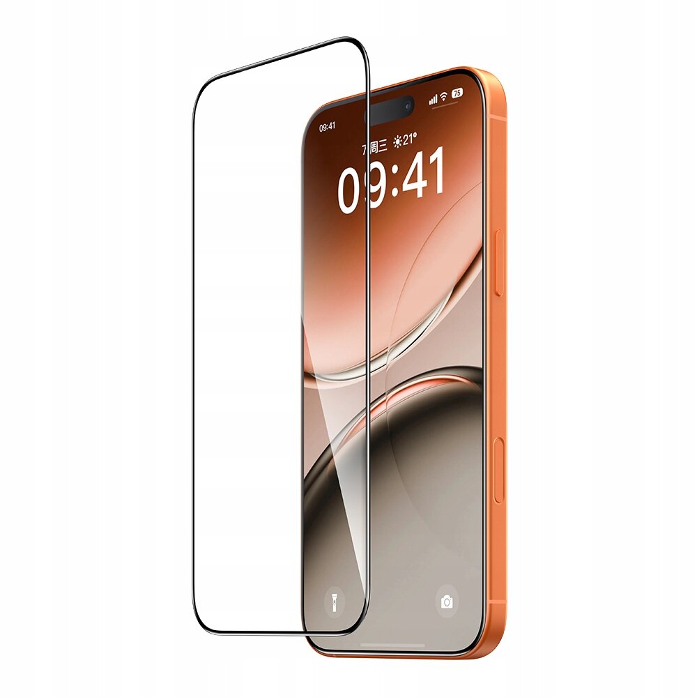 Obraz przedstawia telefon komórkowy z nałożonym szkłem hartowanym, na ekranie widoczna jest godzina 09:41 oraz ikony zasięgu i baterii. Tło jest jednolite i białe.