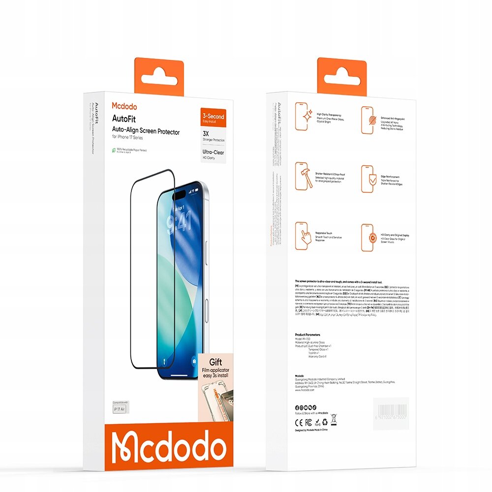 Opakowanie produktu Mcdodo AutoFit Auto-Align Screen Protector dla iPhone 13 Series z widocznym szkłem hartowanym na ekranie telefonu. Na opakowaniu znajdują się informacje o funkcjach produktu oraz logo Mcdodo.