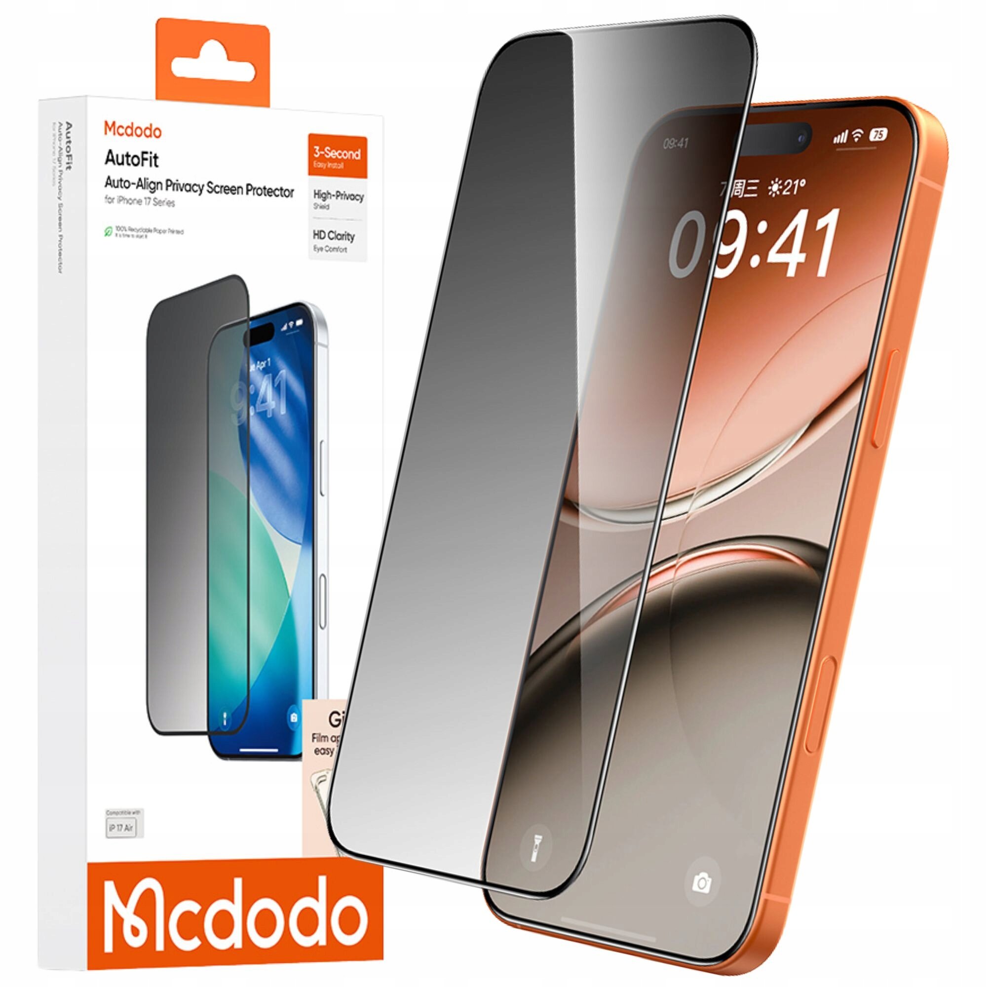 Zdjęcie przedstawia szkło hartowane prywatyzujące Mcdodo Autofit do Apple iPhone 17, z opakowaniem w tle. Na opakowaniu widoczny jest napis: \'Mcdodo AutoFit Auto-Align Privacy Screen Protector for iPhone 17 Series\'.