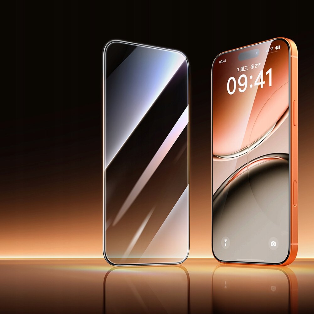 Na zdjęciu widoczna jest szybka ochronna oraz smartfon z wyświetlaczem pokazującym godzinę 09:41 i datę w języku chińskim. Tło jest gradientowe, przechodzące od ciemnego brązu do jasnego pomarańczu.