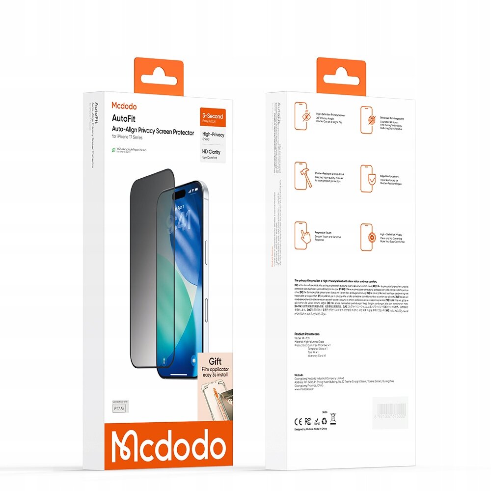 Opakowanie produktu Mcdodo Szkło Hartowane Prywatyzujące Autofit Szybka Do Apple iPhone 17 Pro z widocznym logo Mcdodo oraz tekstem opisującym funkcje i specyfikacje produktu.