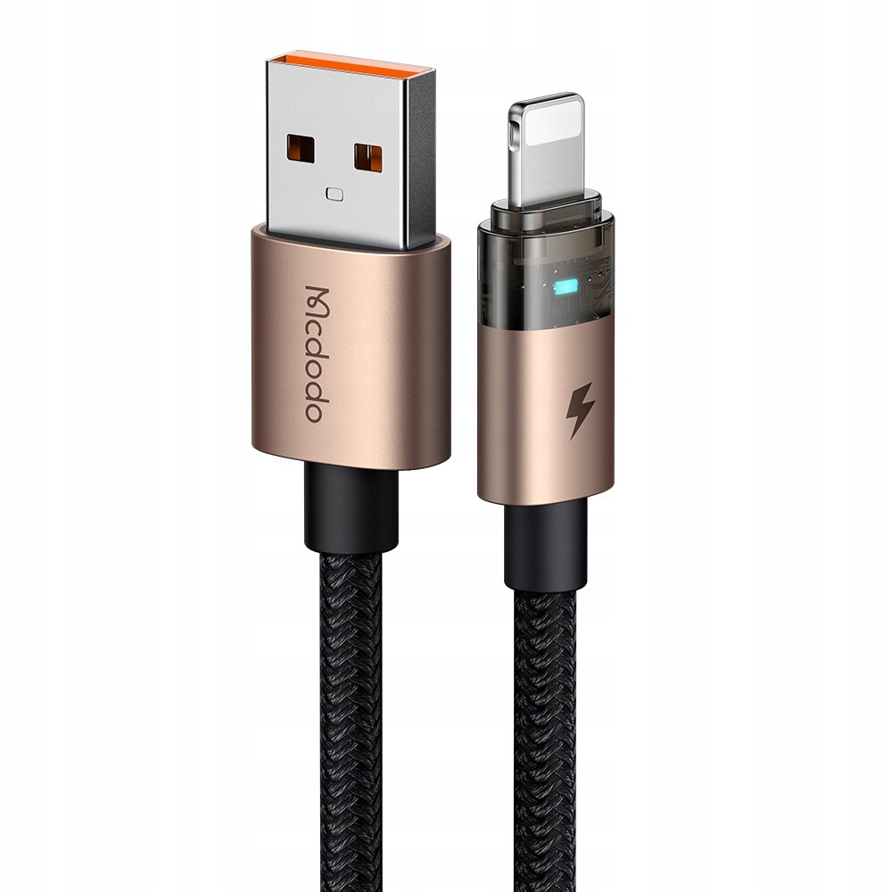 Złoty kabel USB z plecionym czarnym przewodem, posiada złącze USB i Lightning. Na obudowie złącza USB widnieje napis \'Mcdodo\'.
