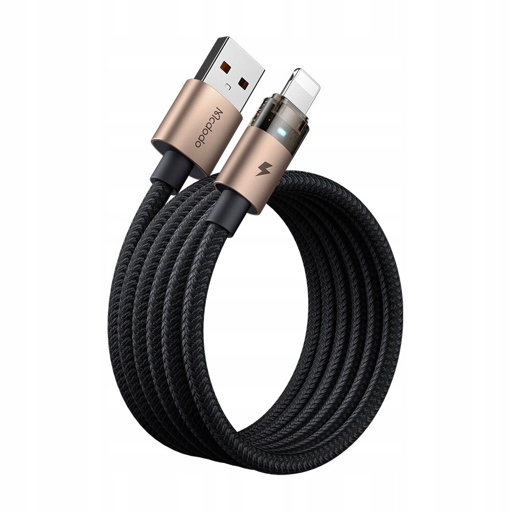 Czarny kabel USB z końcówkami USB-A i USB-C, z metalicznymi złączami, na jednym z nich widoczny napis \'Mcdodo\'.