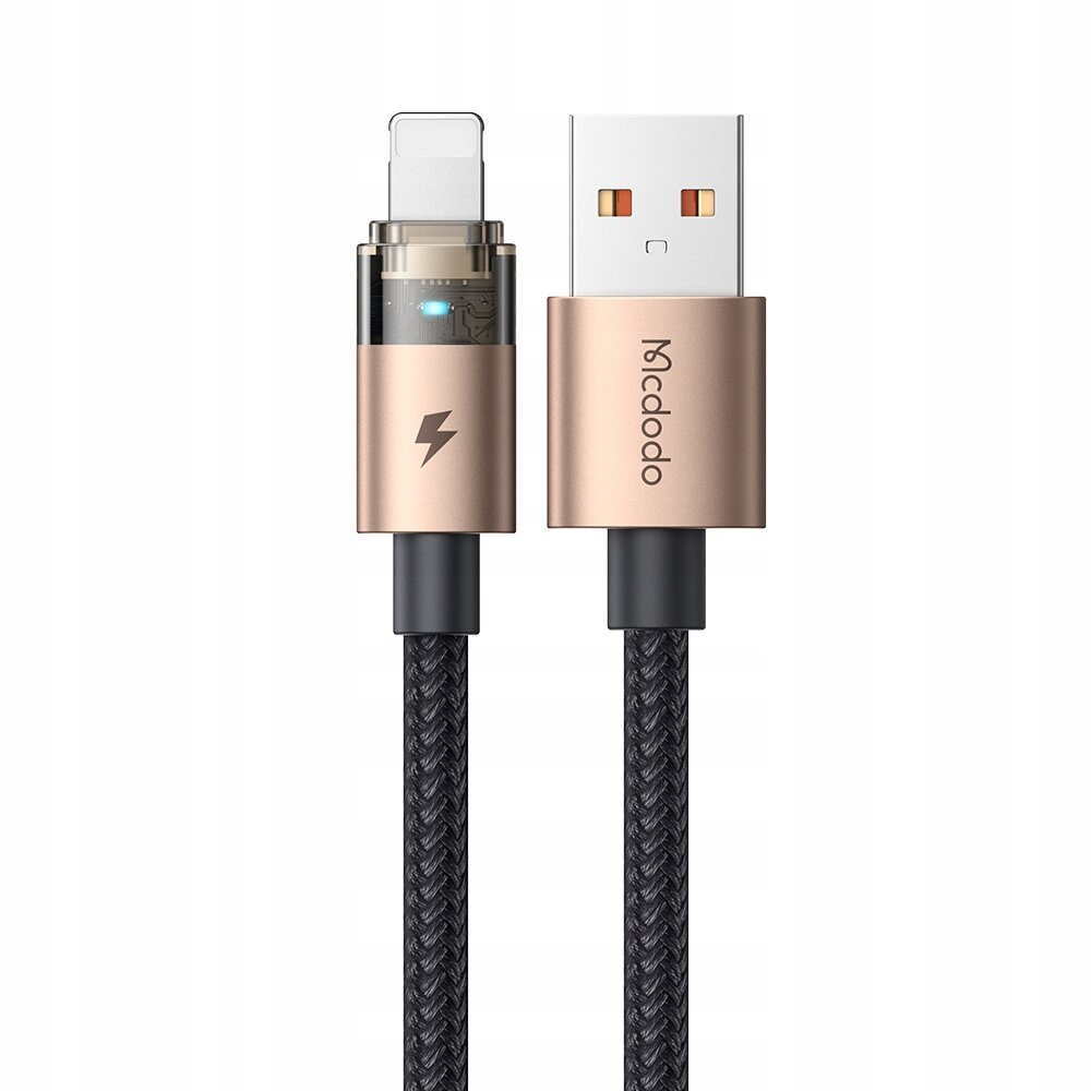Złoty kabel USB z końcówką Lightning i USB, z plecionym czarnym przewodem. Na złączu USB widoczne jest logo \'Mcdodo\'.
