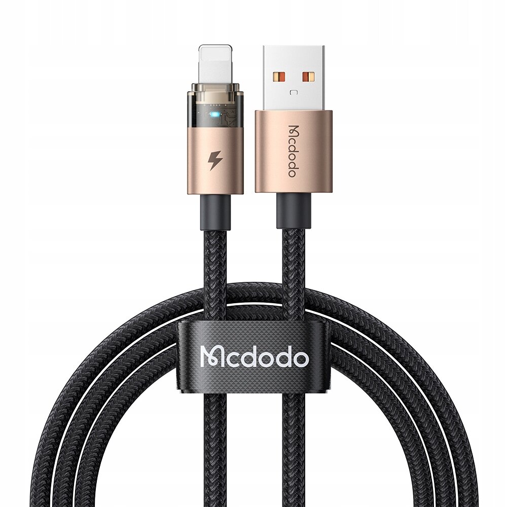Kabel USB-C do iPhone Lightning w kolorze złotym z oznaczeniem 36W i logo Mcdodo na złączu oraz opasce spinającej kabel.
