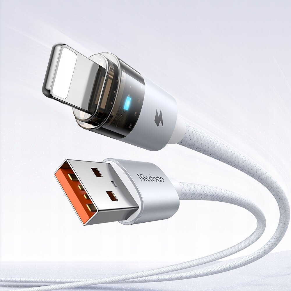 Biały kabel USB z końcówką Lightning i USB, z widocznym logo \'Mcdodo\' na złączu USB oraz niebieskim wskaźnikiem LED na końcówce Lightning.
