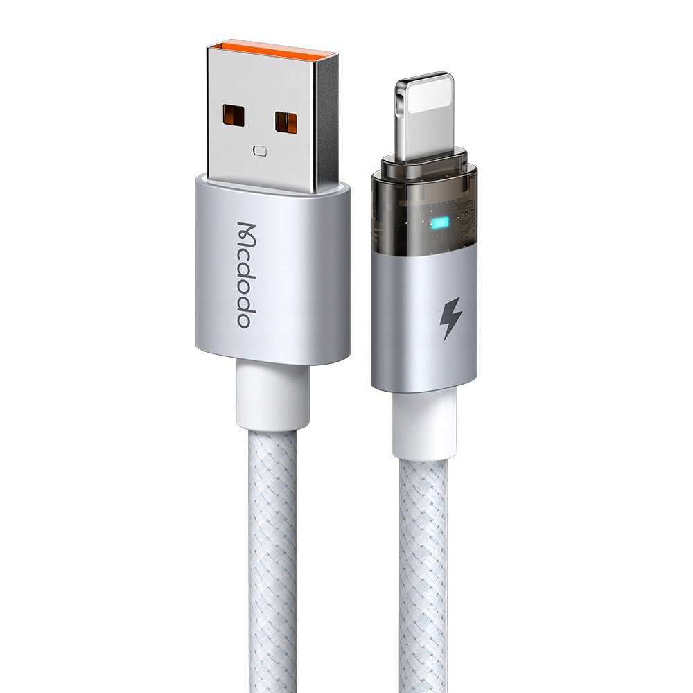 Na obrazie widoczny jest biały kabel USB z końcówką Lightning, z metalicznymi złączami. Na jednym z złączy znajduje się logo \'Mcdodo\'.