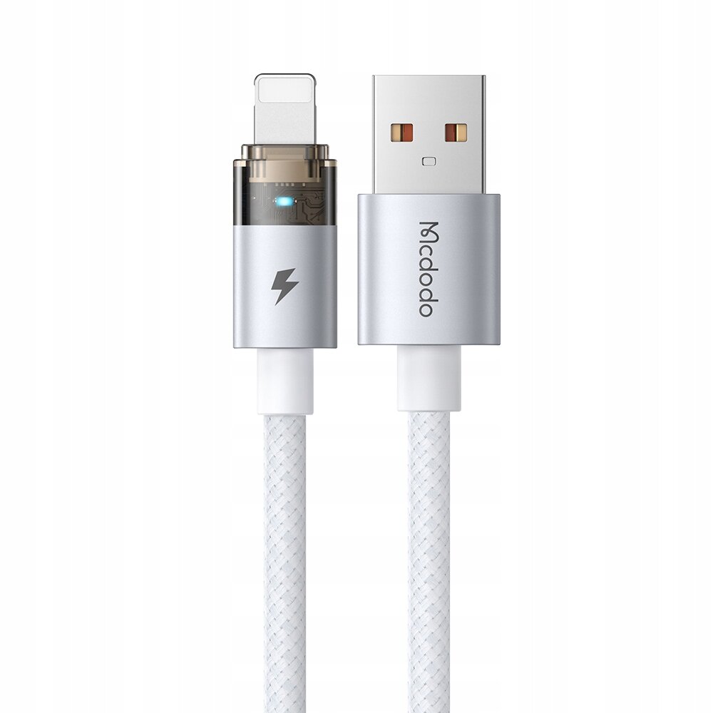 Na obrazie widoczny jest biały kabel USB z końcówkami Lightning i USB, z metalicznymi złączami. Na jednej z końcówek znajduje się logo \'Mcdodo\' oraz symbol błyskawicy.