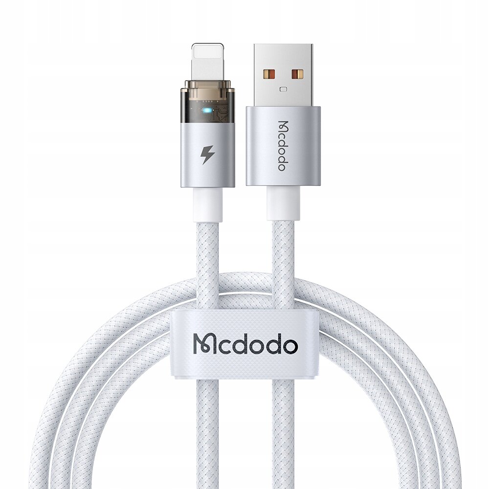 Biały kabel USB z końcówką Lightning i USB, z widocznym logo \'Mcdodo\' na obu końcówkach. Kabel jest owinięty opaską z napisem \'Mcdodo\'.