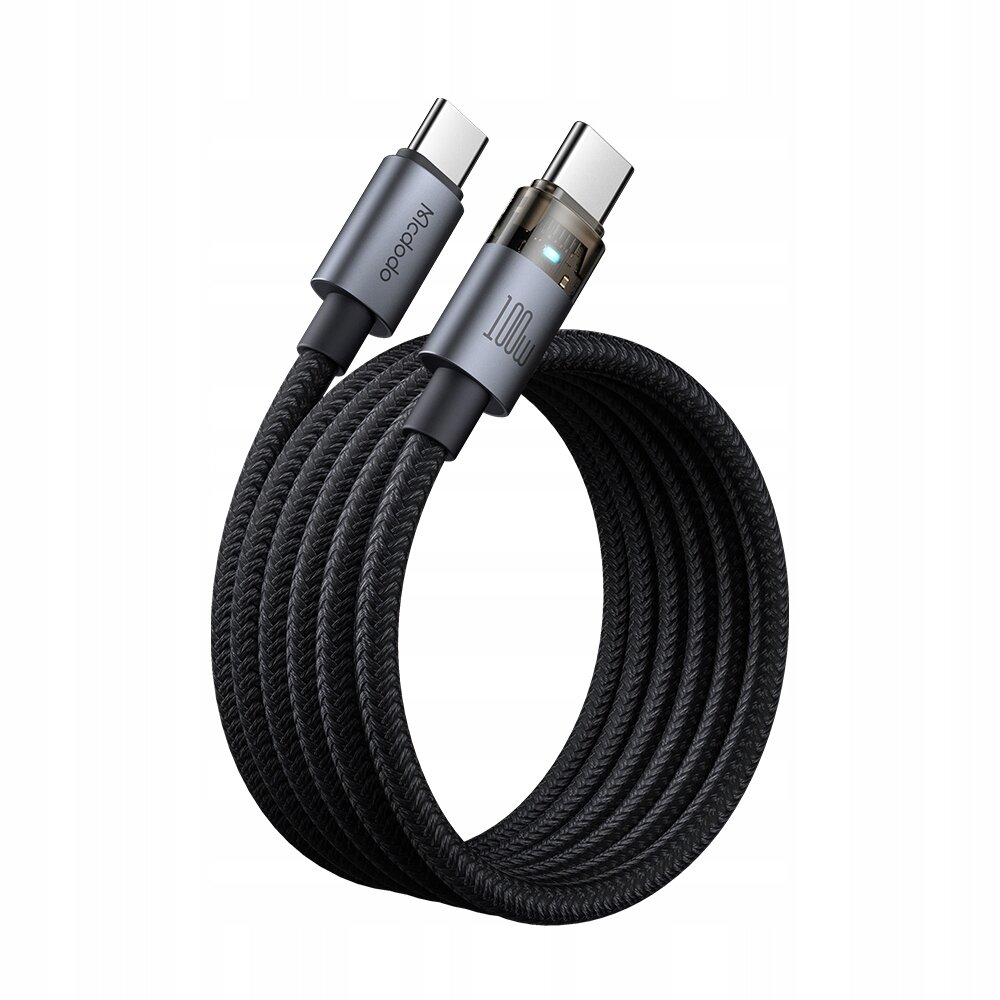 Czarny kabel USB-C z plecionym oplotem, posiada dwa metaliczne złącza z napisami \'Mcdodo\' i \'100W\'.