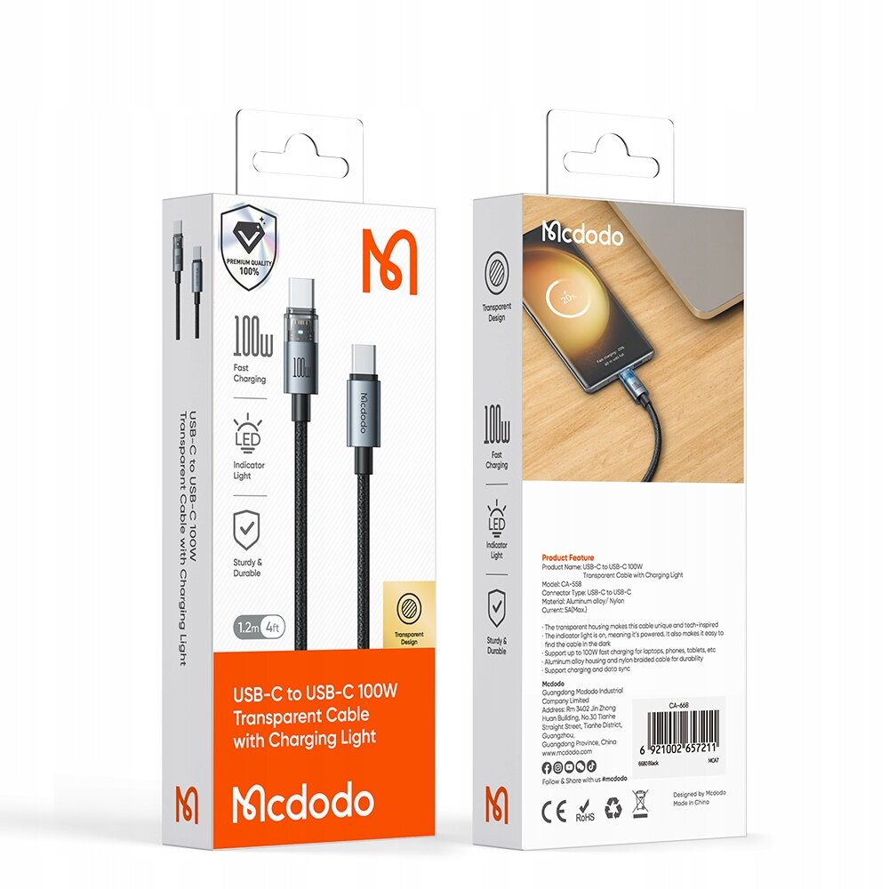 Opakowanie kabla USB-C do USB-C 100W z przezroczystym designem i wskaźnikiem LED. Widoczne logo Mcdodo oraz informacje o szybkim ładowaniu i trwałości produktu.