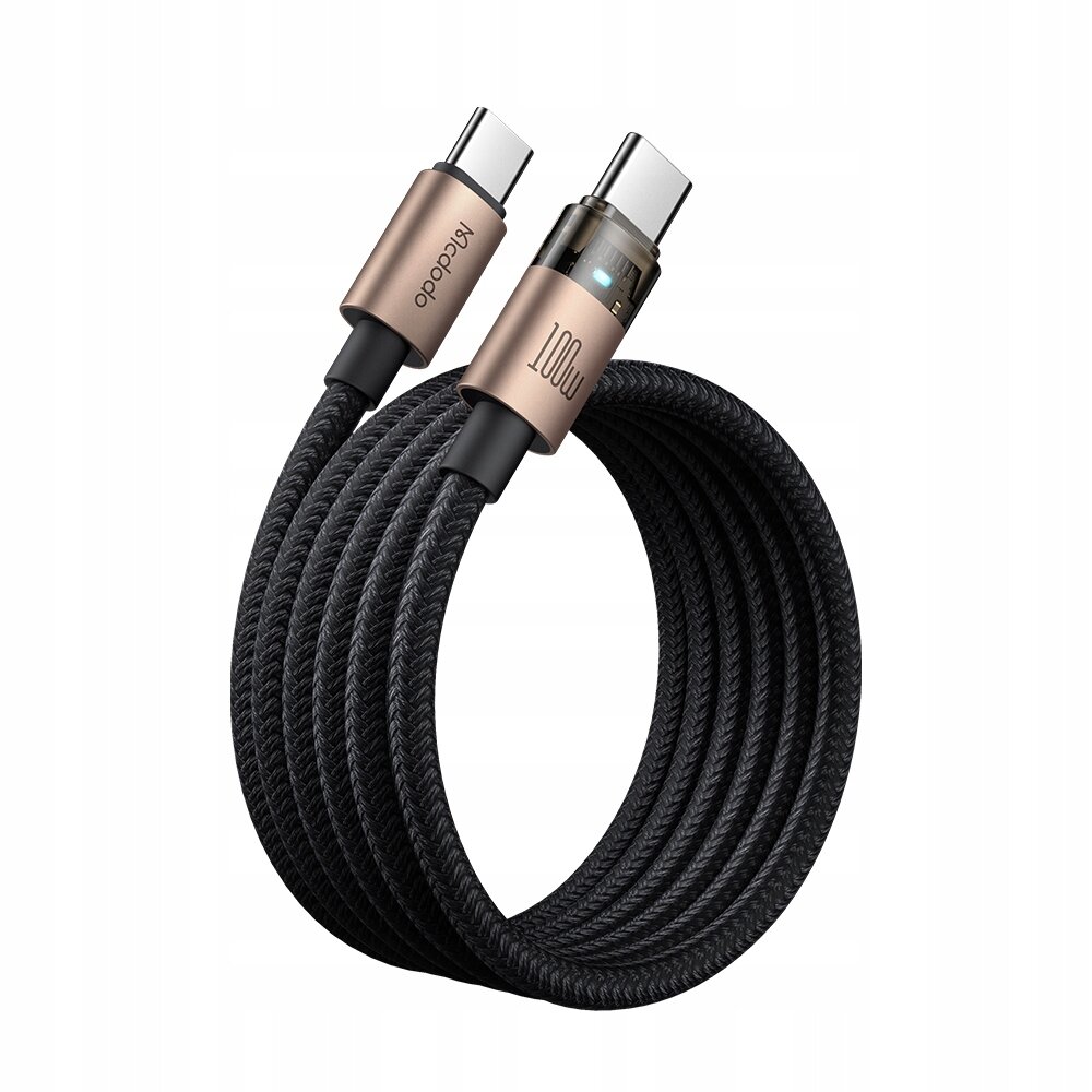 Czarny, pleciony kabel USB-C z metalowymi końcówkami w kolorze złotym, z widocznymi napisami \'Mcdodo\' i \'100W\'.