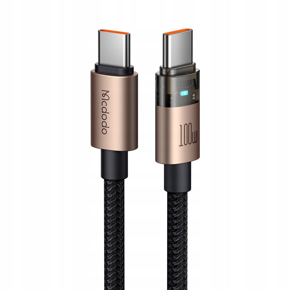 Obraz przedstawia dwa złącza kabla USB-C w kolorze złotym z czarnym plecionym przewodem. Na jednym złączu widoczny jest napis \'Mcdodo\', a na drugim \'100W\'.