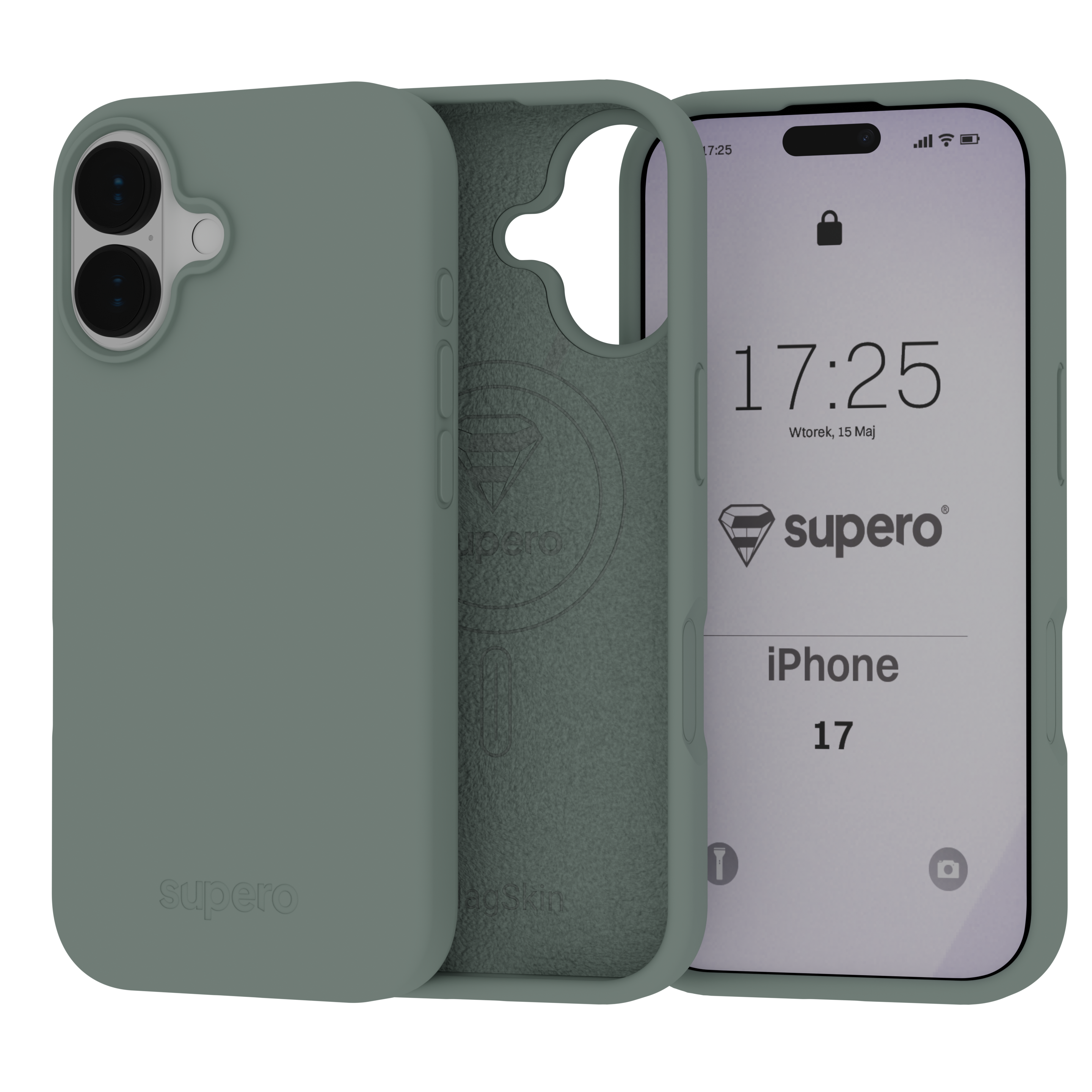 Na obrazie widoczne jest silikonowe etui w kolorze zielonym, przeznaczone do iPhone 17, z logo \'supero\' na wewnętrznej stronie. Obok etui znajduje się telefon z wyświetlaczem pokazującym godzinę 17:25 i datę Wtorek, 15 Maj oraz logo \'supero\'.