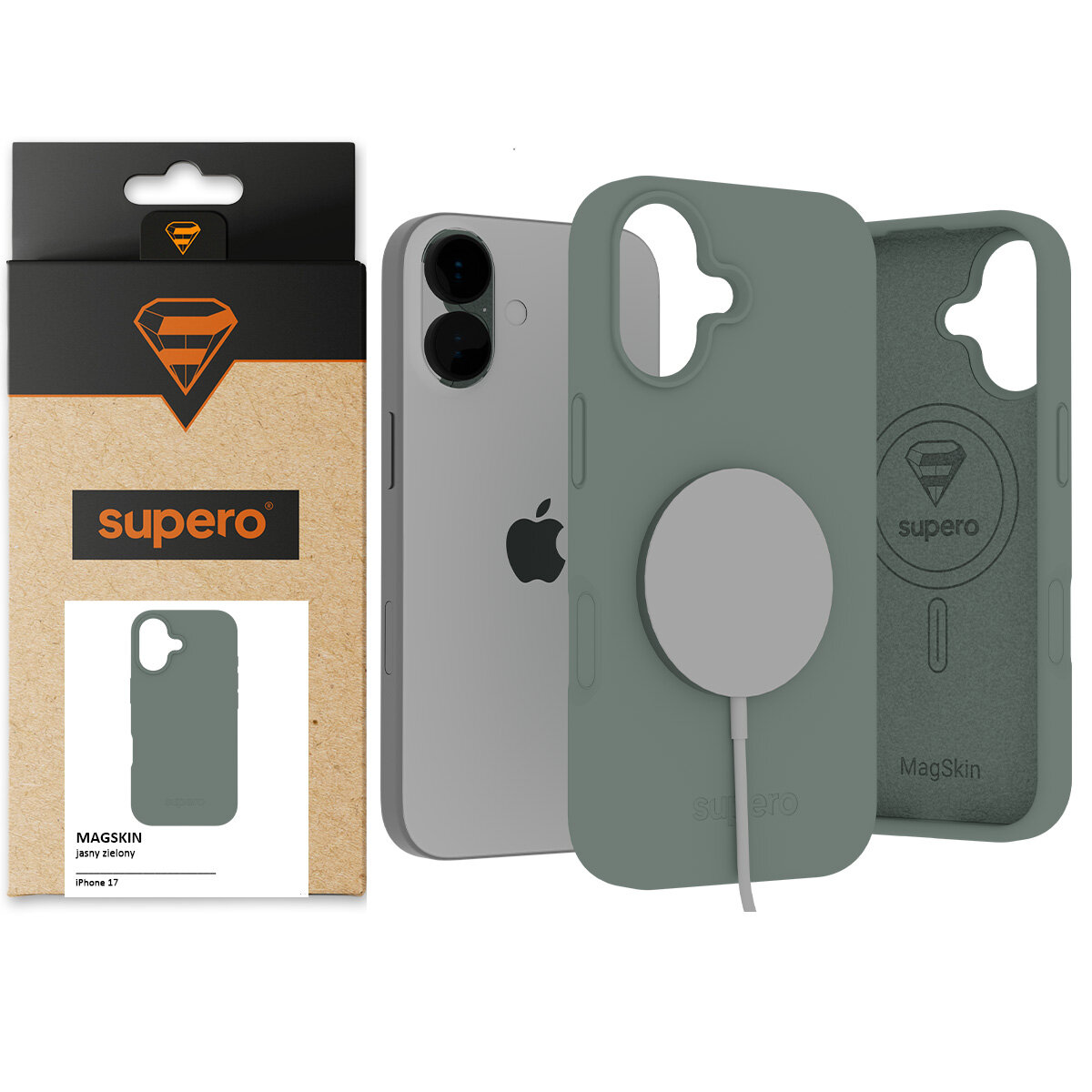 Na obrazie widoczne jest etui silikonowe w kolorze jasnej zieleni z logo \'supero\' oraz telefon z dwoma aparatami. Obok znajduje się opakowanie z napisem \'supero\' i \'MAGSKIN jasny zielony iPhone 17\'.