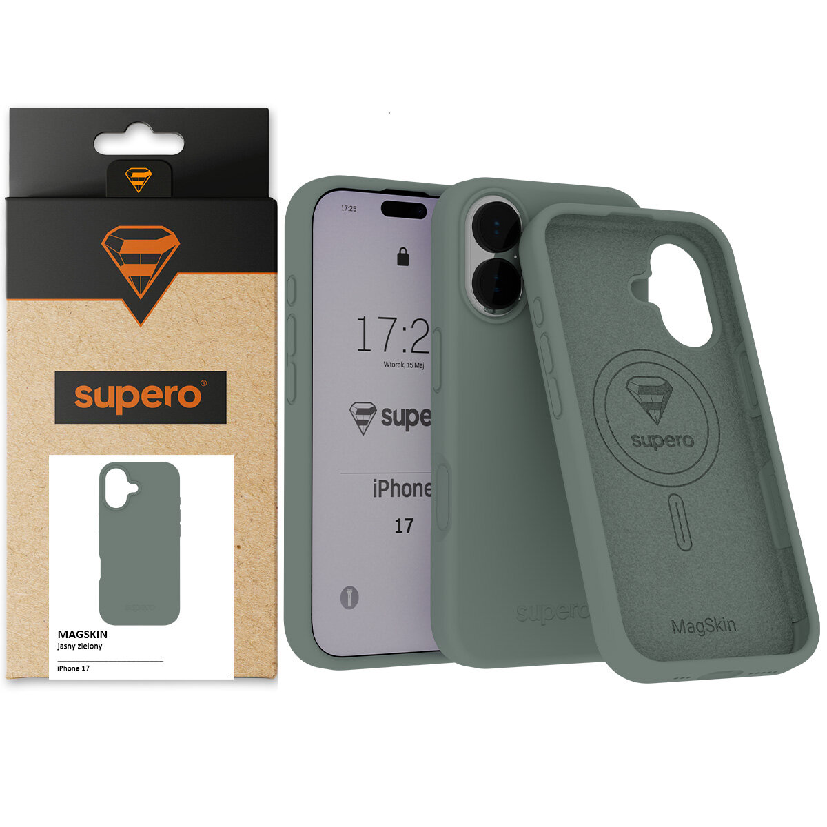Na obrazie widoczne jest silikonowe etui w kolorze jasnej zieleni z logo \'supero\' oraz opakowanie z napisem \'supero\' i grafiką etui. Na ekranie telefonu w etui widoczny jest tekst: \'17:25\', \'supero\', \'iPhone 17\'.