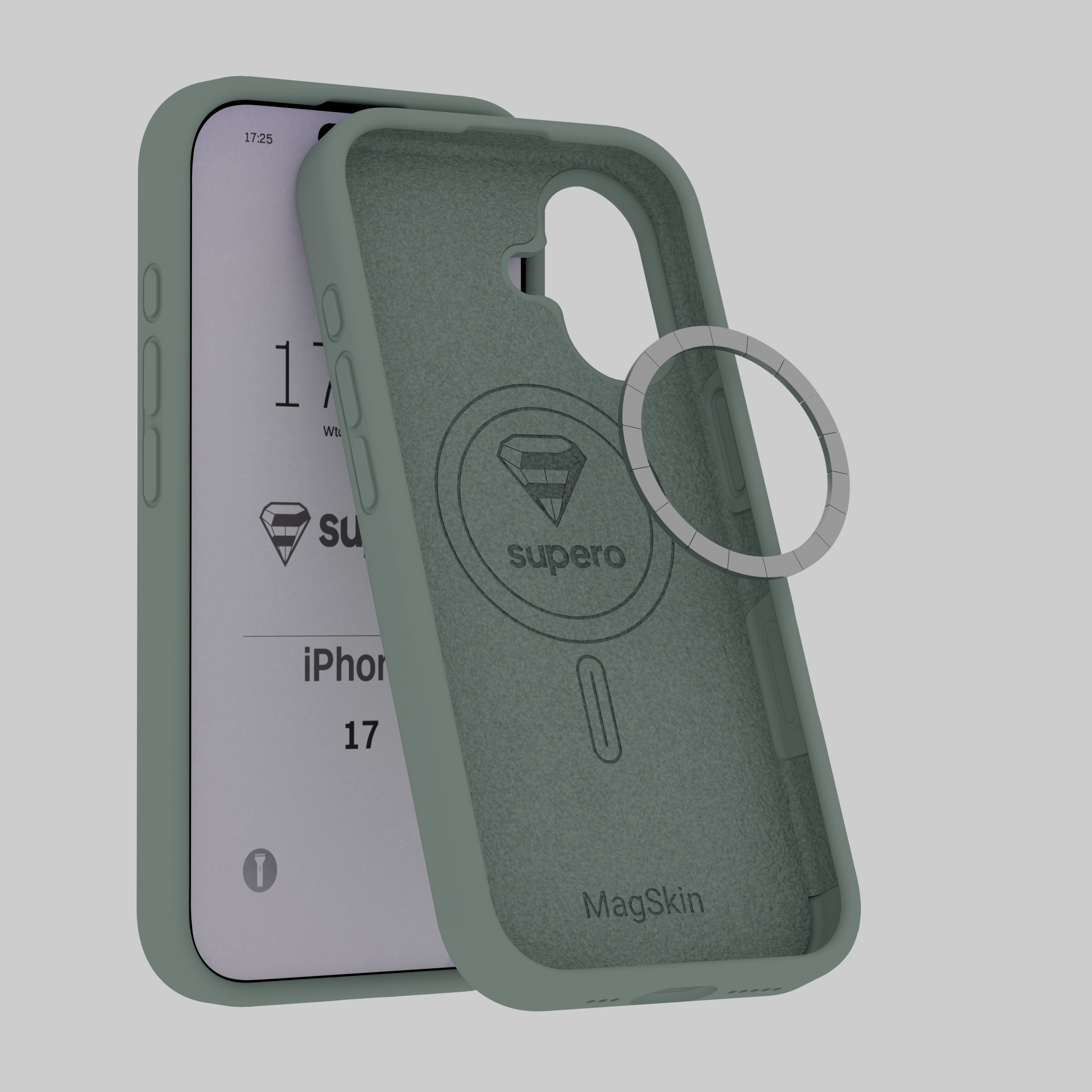 Obraz przedstawia matowe, silikonowe etui na telefon z napisem \'supero\' i symbolem diamentu. W tle widoczny jest ekran telefonu z tekstem \'iPhone 17\'.