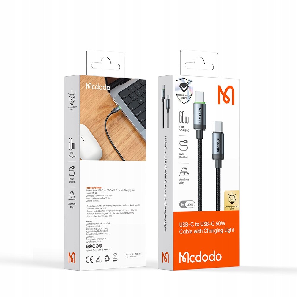 Opakowanie kabla USB-C do USB-C 60W z funkcją szybkiego ładowania i podświetleniem LED, marki Mcdodo. Widoczne są informacje o nylonowym oplocie, aluminiowej obudowie oraz długości 1m (3.2ft).