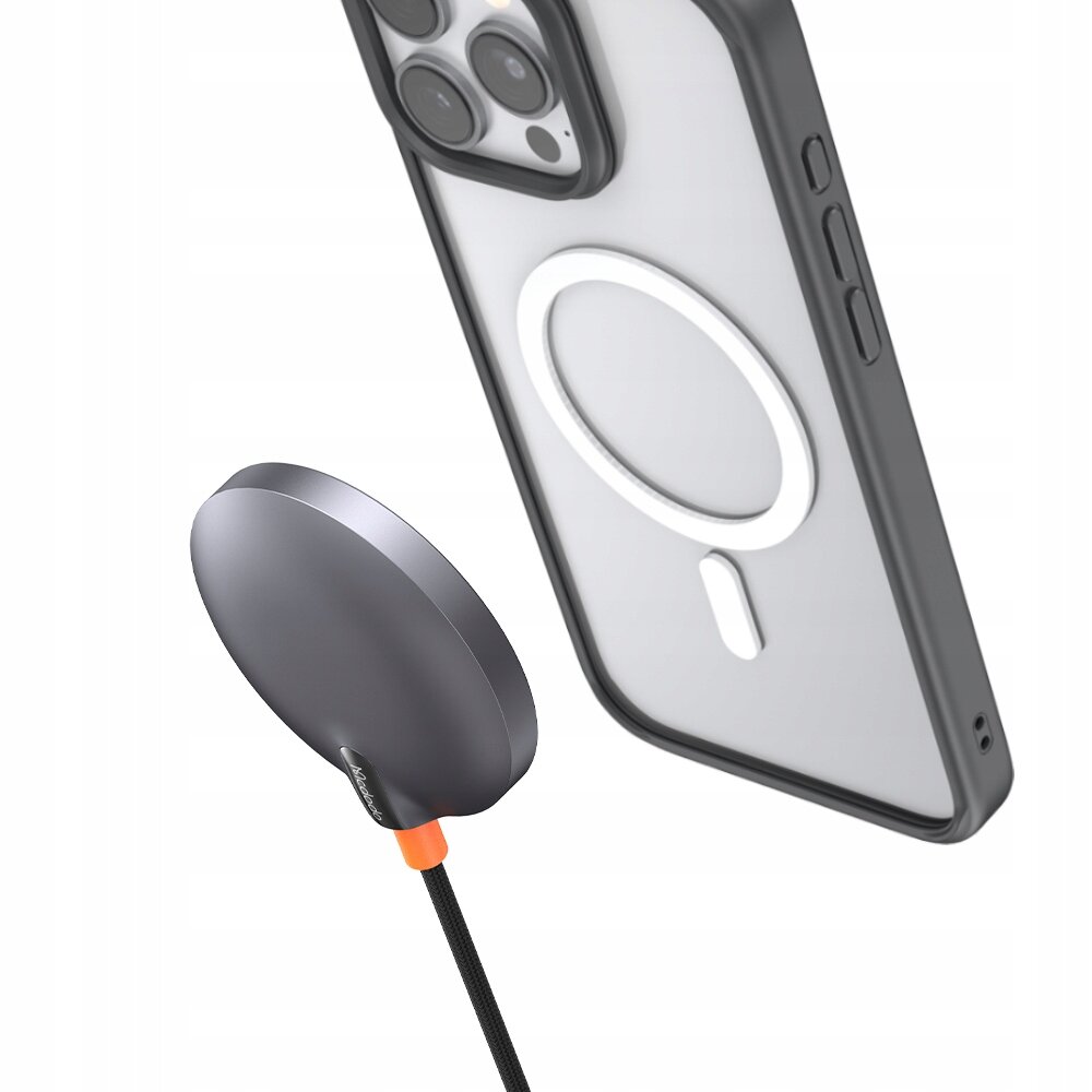 Zdjęcie przedstawia bezprzewodową ładowarkę indukcyjną z kablem oraz telefon w etui z widocznym okrągłym wzorem na plecach. Na ładowarce widoczny jest napis \'Mcdodo\'.
