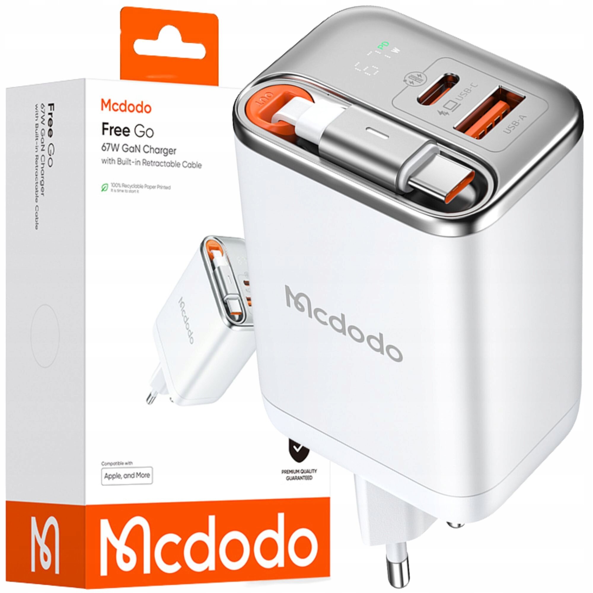 Biała ładowarka sieciowa z dwoma portami USB-C i jednym USB-A, z widocznym logo \'Mcdodo\'. Obok znajduje się opakowanie z napisem \'Mcdodo Free Go 67W GaN Charger with Built-in Retractable Cable\'.