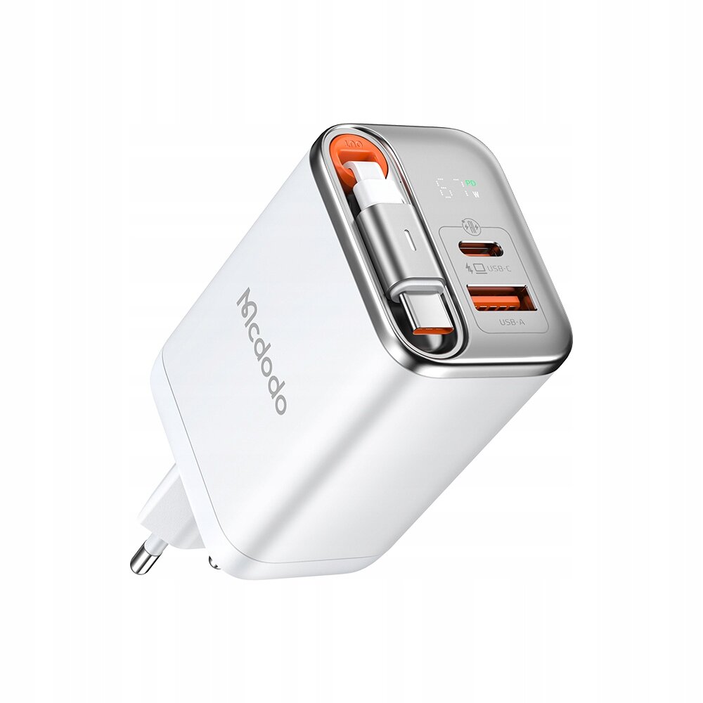Biała ładowarka sieciowa z trzema portami: dwoma USB-C i jednym USB-A, z widocznym logo \'Mcdodo\'.
