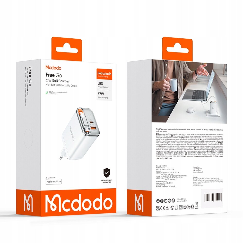 Opakowanie ładowarki Mcdodo Free Go 67W GaN z wbudowanym zwijanym kablem, z widocznymi portami USB-C i USB-A. Na odwrocie opakowania znajduje się zdjęcie osoby przy biurku z laptopem oraz szczegółowy opis produktu w kilku językach.