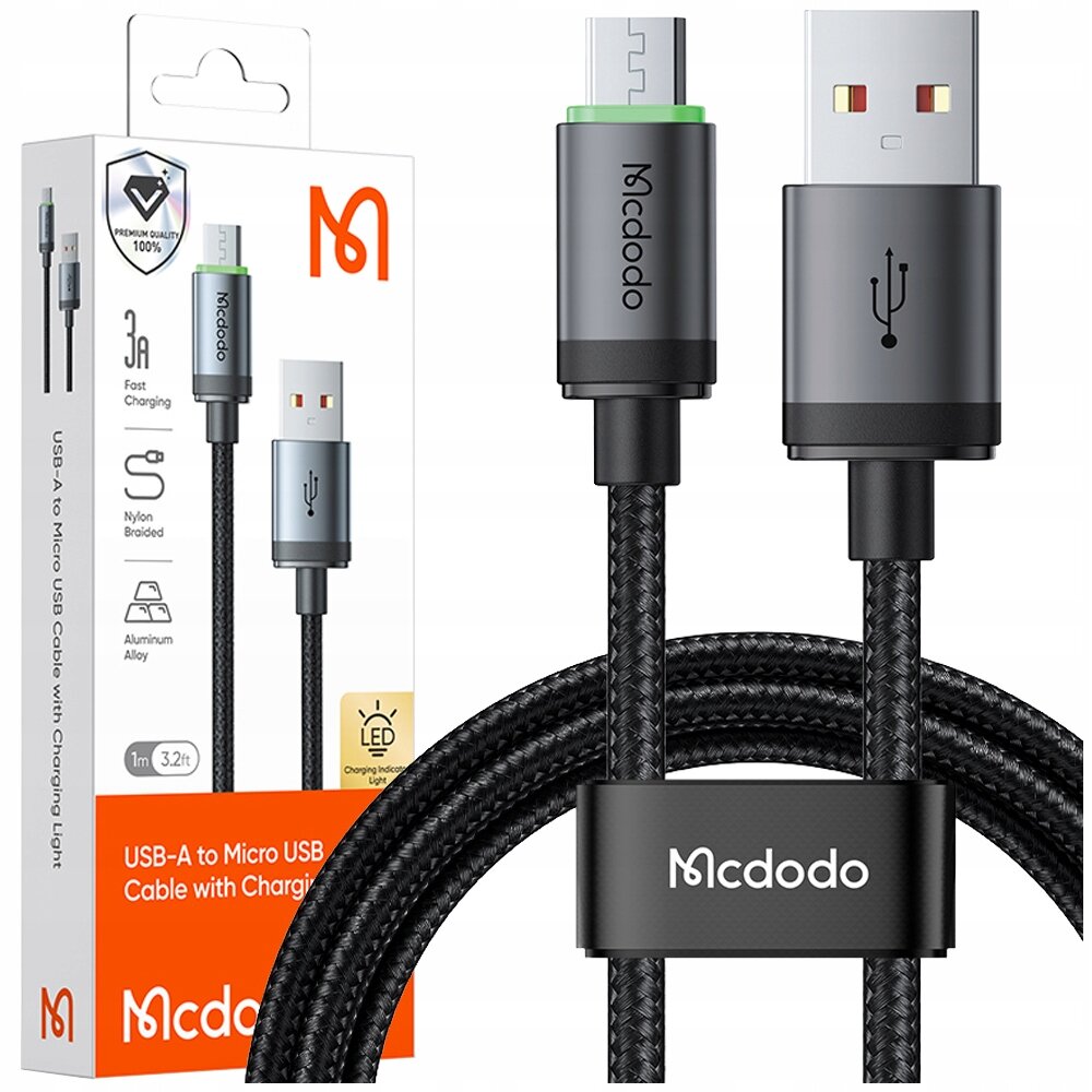 Na obrazie widoczny jest czarny kabel USB-A do Micro USB z plecionym nylonowym oplotem i metalowymi końcówkami, obok znajduje się opakowanie z logo Mcdodo oraz informacjami o szybkim ładowaniu 3A i długości 1m.
