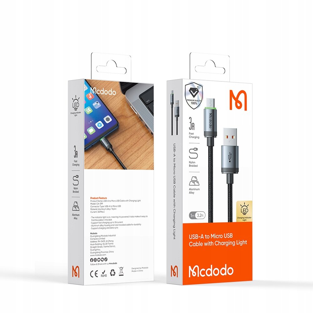 Opakowanie kabla USB-A do Micro USB marki Mcdodo z funkcją szybkiego ładowania i podświetleniem. Na opakowaniu widoczne są informacje o nylonowym oplocie, aluminiowej obudowie oraz długości 1m.