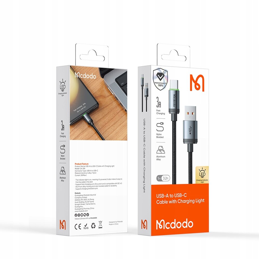 Opakowanie kabla USB-A do USB-C marki Mcdodo z funkcją szybkiego ładowania i podświetleniem. Na opakowaniu widoczne są ikony przedstawiające cechy produktu, takie jak nylonowy oplot i aluminiowy stop.