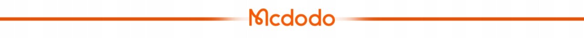 Logo \'Mcdodo\' w kolorze pomarańczowym, umieszczone pomiędzy dwoma cienkimi liniami w tym samym kolorze.