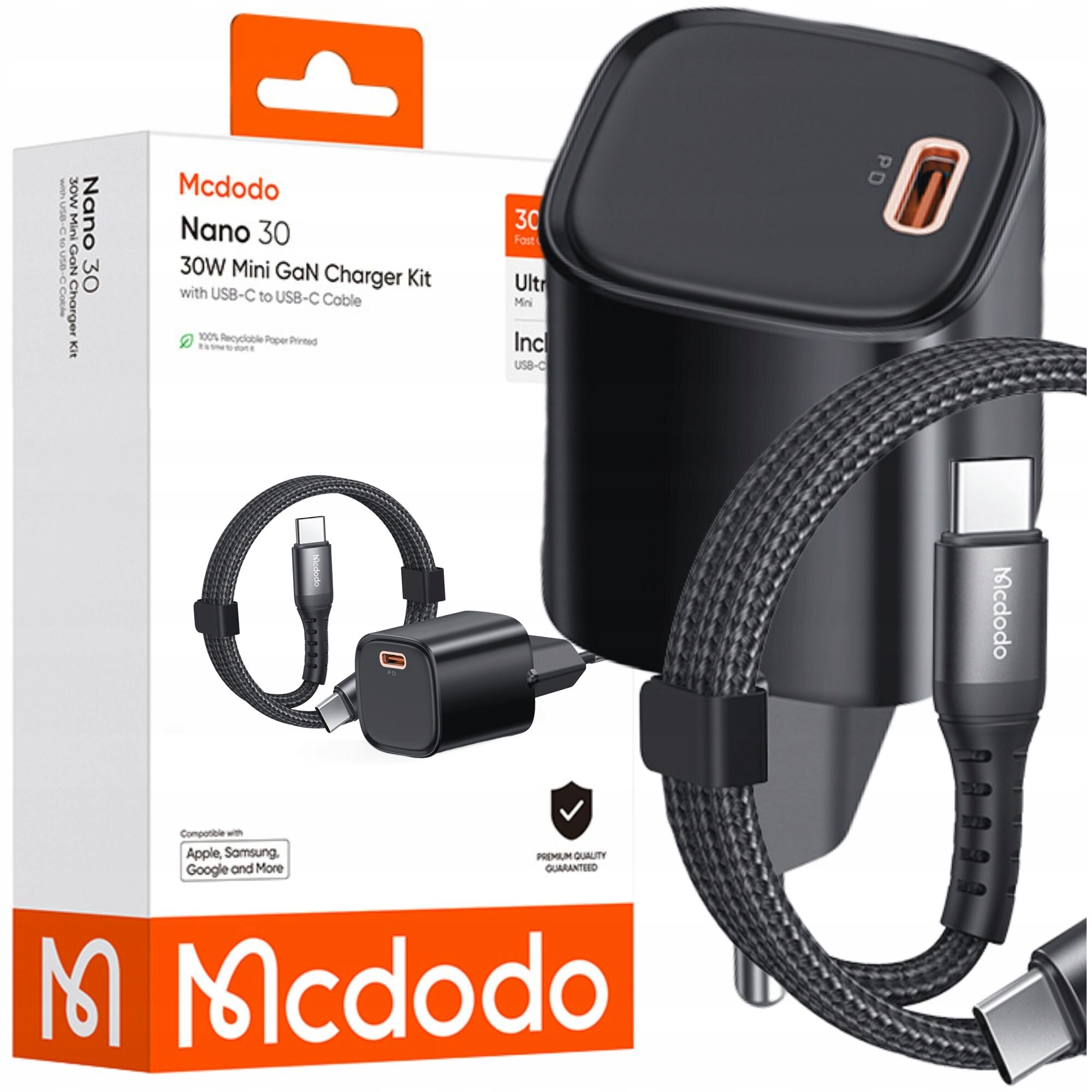 Na obrazie widoczna jest czarna ładowarka sieciowa z portem USB Typ C oraz pleciony kabel USB-C. W tle znajduje się opakowanie z napisem \'Mcdodo Nano 30 30W Mini GaN Charger Kit with USB-C to USB-C Cable\'.