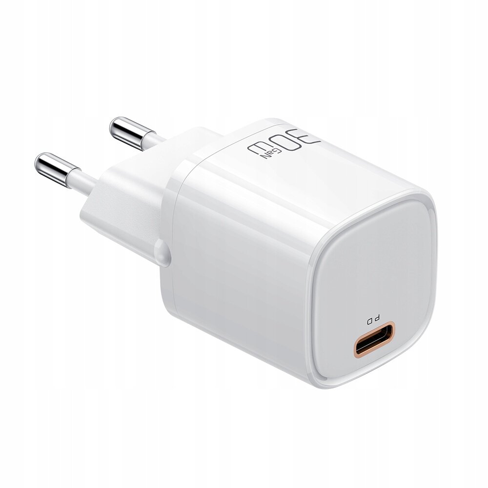 Biała ładowarka sieciowa z wtyczką USB Typ C, oznaczona napisem \'30W\'.