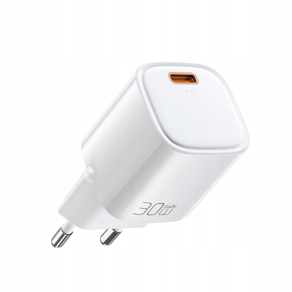 Biała ładowarka sieciowa z wtyczką USB Typ C, oznaczona napisem \'30W GaN\'.