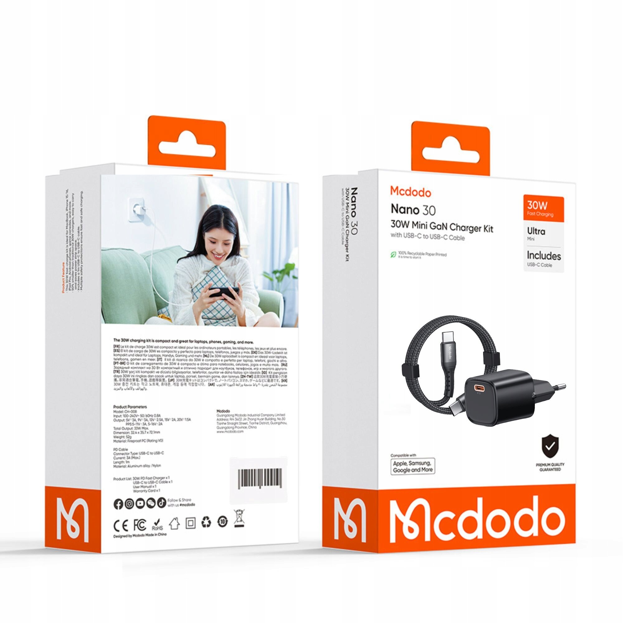 Opakowanie produktu Mcdodo z ładowarką sieciową USB Typ C 30W i kablem USB-C 1M. Na opakowaniu widoczne są informacje o kompatybilności z urządzeniami Apple, Samsung, Google i innymi oraz zdjęcie ładowarki i kabla.