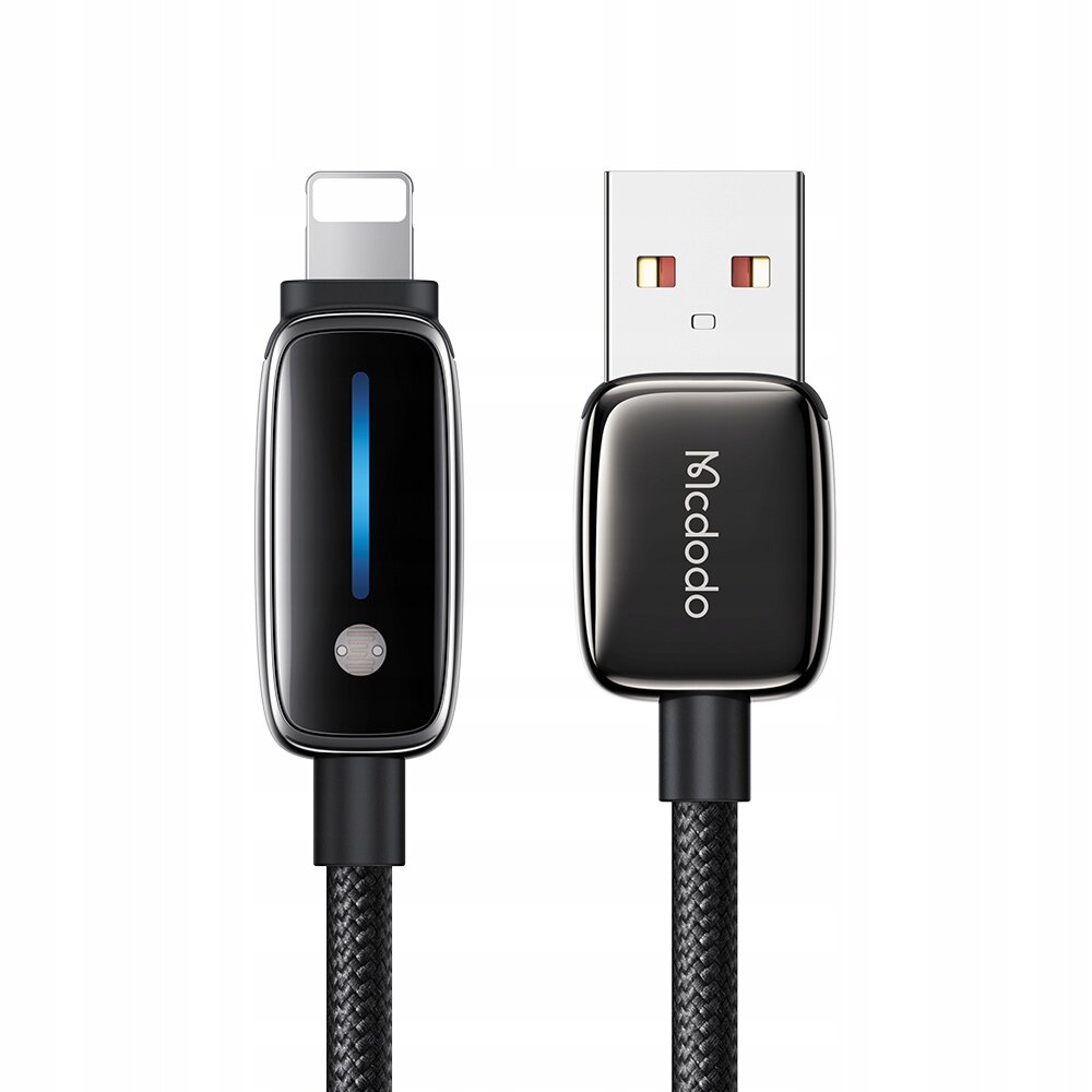 Obraz przedstawia kabel USB z końcówką Lightning oraz wtyczką USB-A. Na wtyczce USB-A widoczne jest logo \'Mcdodo\'.