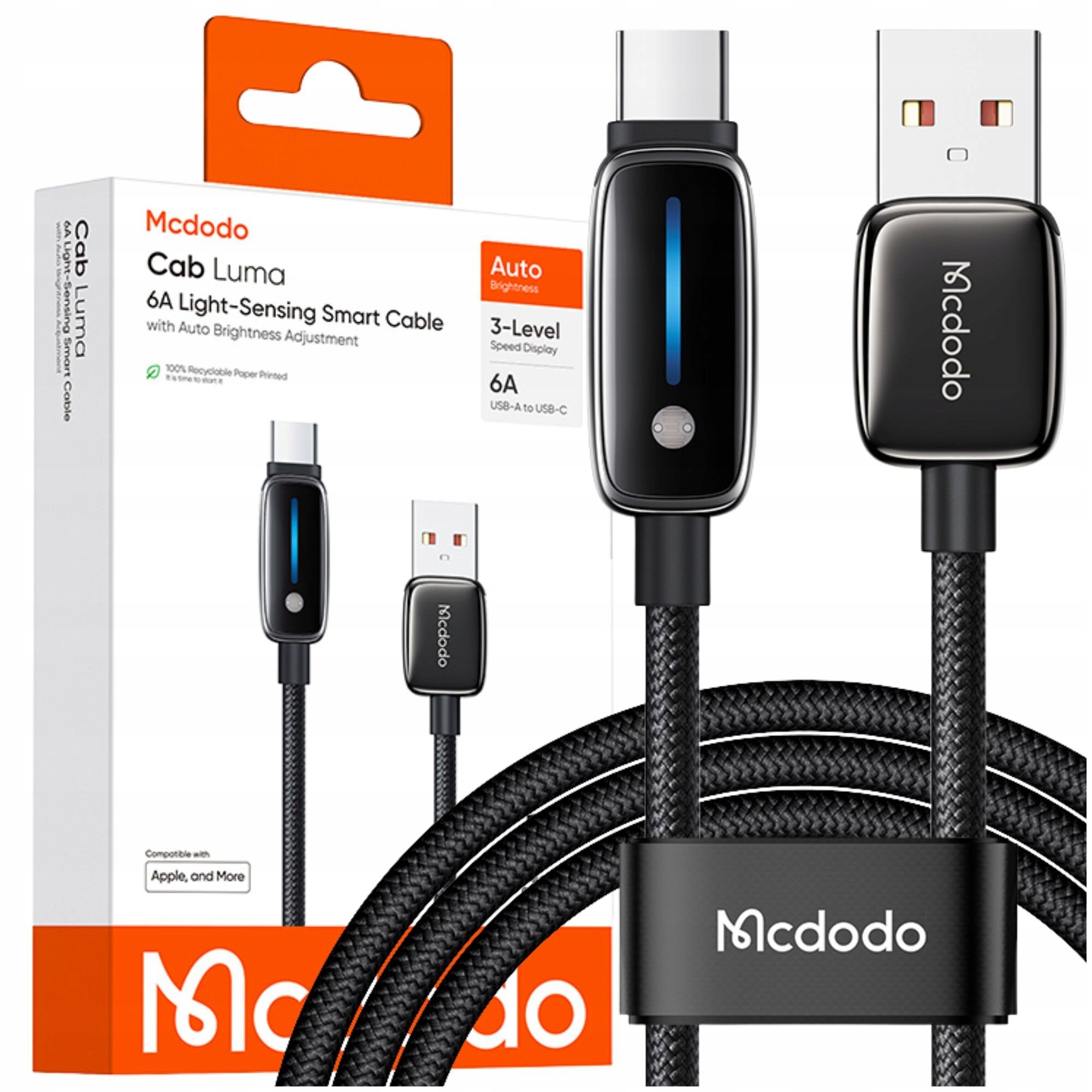 Na obrazie widoczny jest czarny kabel USB-A do USB-C z logo Mcdodo oraz opakowanie produktu z napisem \'Mcdodo Cab Luma 6A Light-Sensing Smart Cable\'.