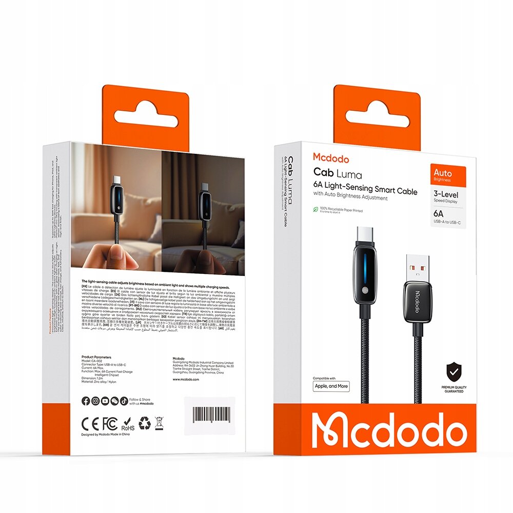 Opakowanie produktu Mcdodo Cab Luma 6A Light-Sensing Smart Cable z funkcją automatycznej regulacji jasności. Widoczne są zdjęcia kabla USB-A do USB-C oraz logo Mcdodo.