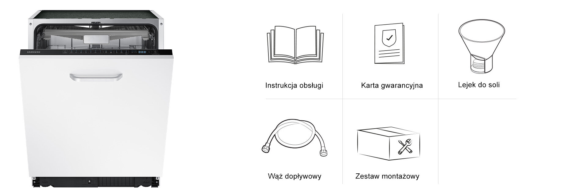 Samsung W Opakowaniu Dw60m6050bb 1920 Na obrazie widoczna jest zmywarka z otwartymi drzwiami oraz zestaw akcesoriów: instrukcja obsługi, karta gwarancyjna, lejek do soli, wąż dopływowy i zestaw montażowy.