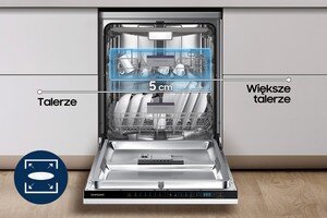 Samsung Dopasuj wnętrze do wielkości naczyń. Maksimum możliwości Otwarta zmywarka z widocznymi talerzami w środku, z oznaczeniem \'5 cm\' oraz napisami \'Talerze\' i \'Większe talerze\'. Na dole widoczne jest logo \'Samsung\'.