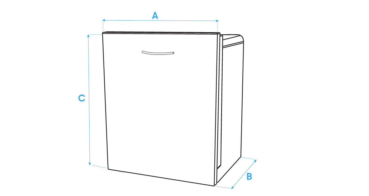 Samsung Zmywarka Rysunektechniczny Dw60m5040bb 208 Schematyczny rysunek zmywarki z oznaczeniami wymiarów A, B i C. Zmywarka ma prostokątny kształt z uchwytem na drzwiach.