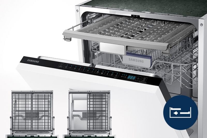Samsung Trzeci poziom zmywania. Jeszcze więcej miejsca Obraz przedstawia otwartą zmywarkę z widocznym górnym koszem na sztućce i panelem sterowania z wyświetlaczem. Na panelu widoczny jest napis \'SAMSUNG\' oraz różne ikony i cyfry, a obok zmywarki znajduje się niebieska ikona z symbolem strzałek.