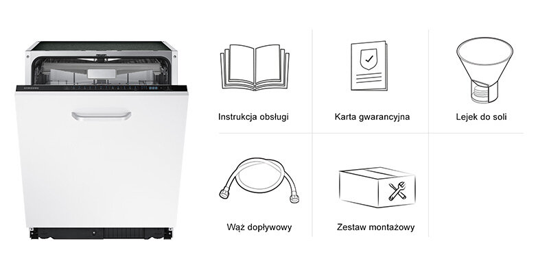 Obraz przedstawia zmywarkę z otwartymi drzwiami oraz zestaw akcesoriów: instrukcję obsługi, kartę gwarancyjną, lejek do soli, wąż dopływowy i zestaw montażowy. Na zmywarce widoczne jest logo \'SAMSUNG\'.