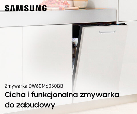 Zmywarka do zabudowy z lekko uchylonym frontem, na którym widnieje napis \'Zmywarka DW60M6050BB Cicha i funkcjonalna zmywarka do zabudowy\'. Widoczne logo \'SAMSUNG\'.