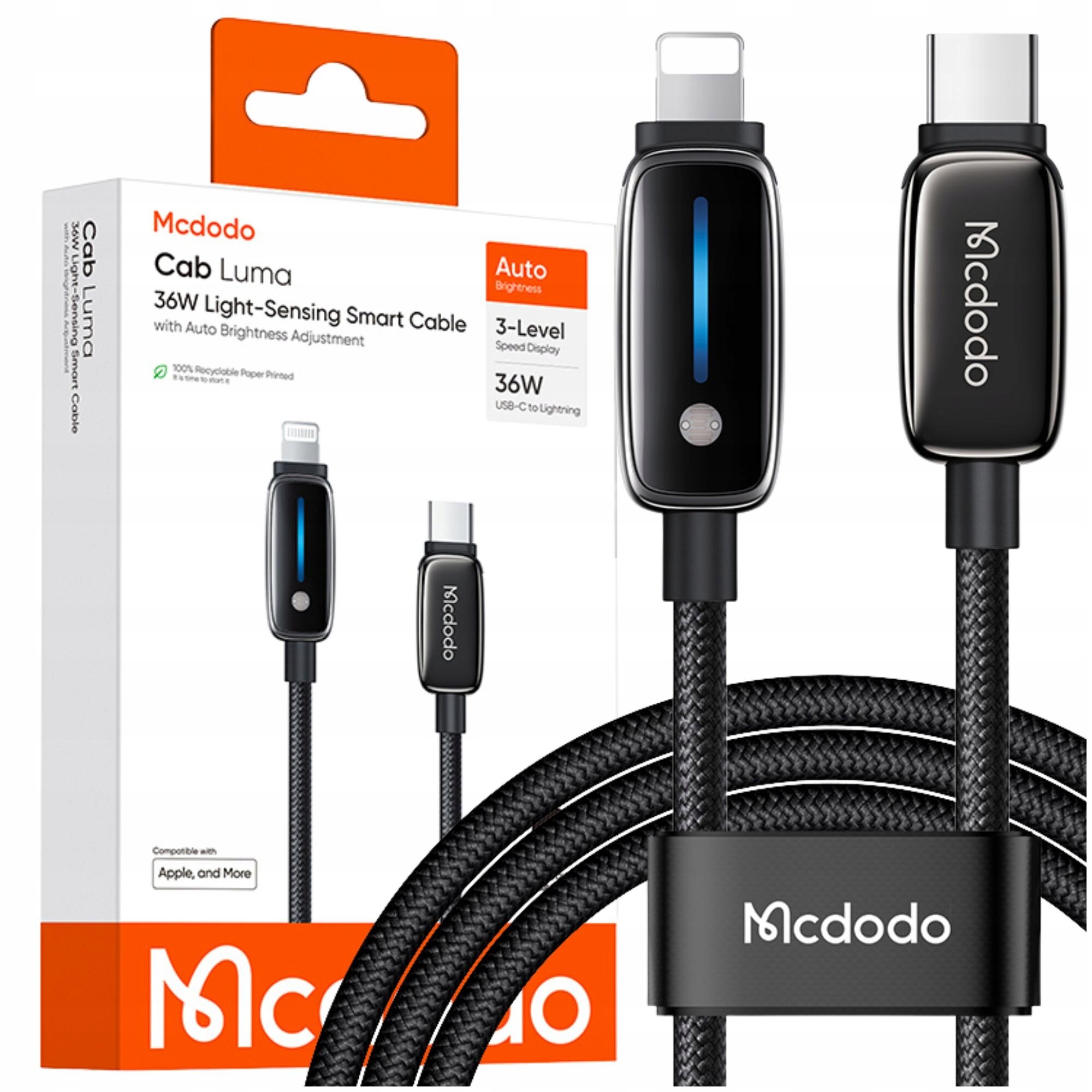 Na obrazie widoczny jest kabel USB-C do Lightning marki Mcdodo z funkcją szybkiego ładowania 36W i regulacją jasności. Opakowanie zawiera informacje o kompatybilności z Apple i posiada logo Mcdodo.